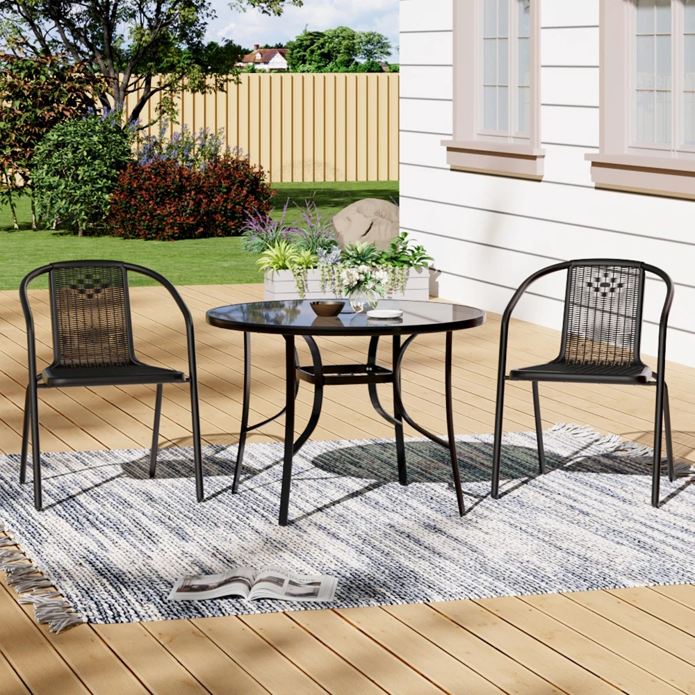 【Breeins】Outdoor Round Patio Table for Lawn Garden, All Weather Metal Black Round Patio Dining Table with Adjustable Umbrella