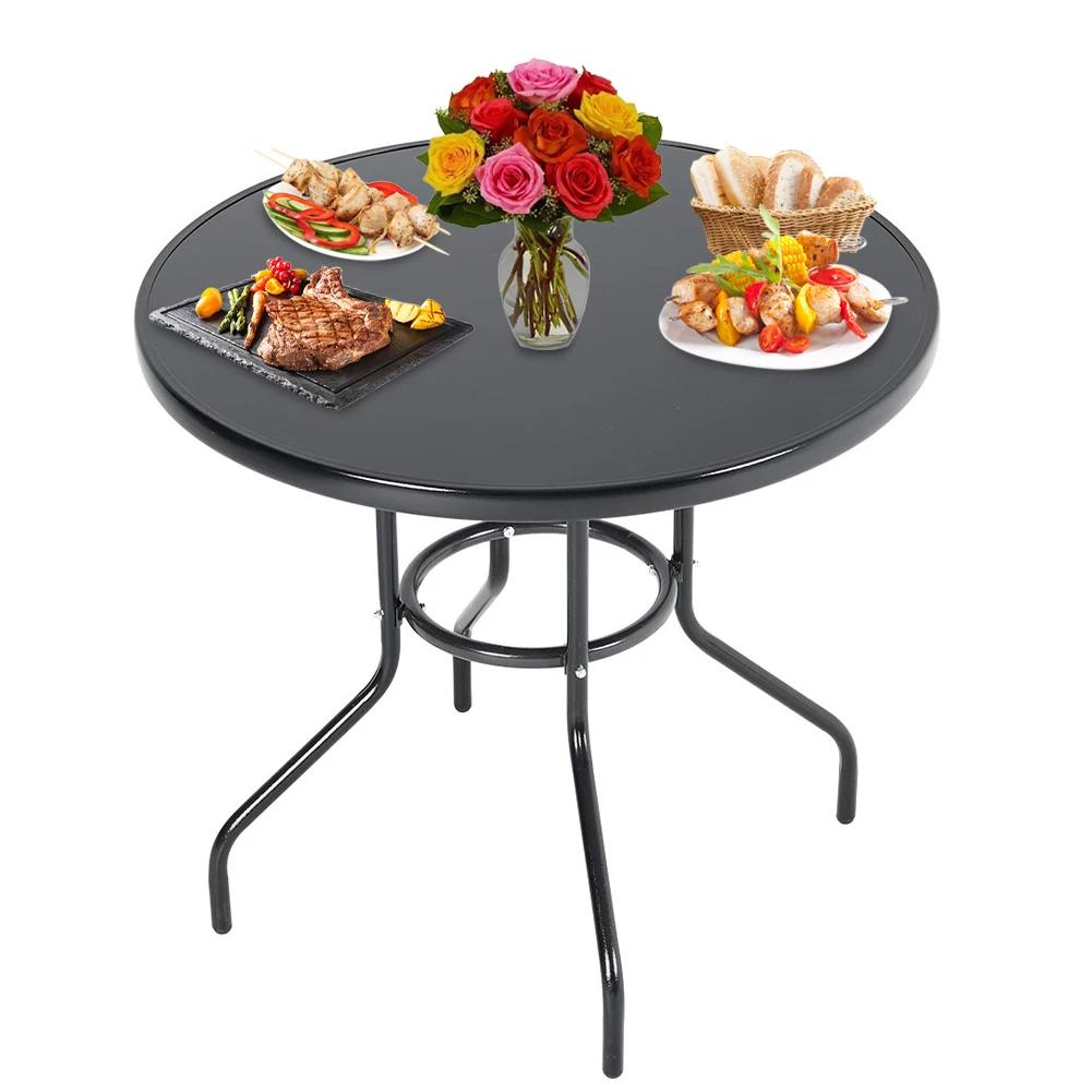 【Breeins】Outdoor Round Patio Table for Lawn Garden, All Weather Metal Black Round Patio Dining Table with Adjustable Umbrella