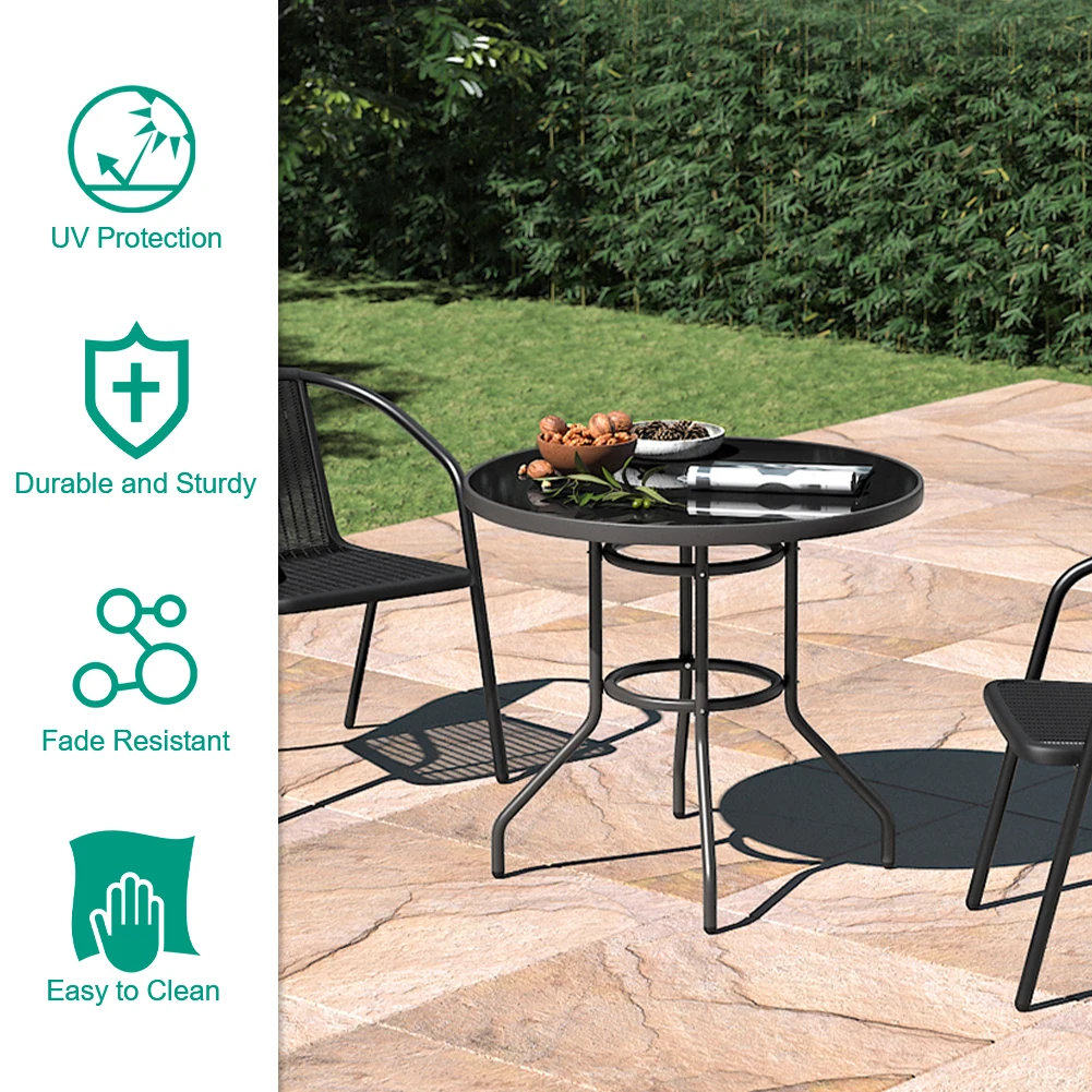 【Breeins】Outdoor Round Patio Table for Lawn Garden, All Weather Metal Black Round Patio Dining Table with Adjustable Umbrella