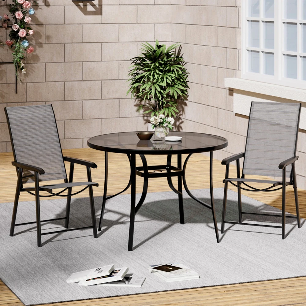 【Breeins】Outdoor Round Patio Table for Lawn Garden, All Weather Metal Black Round Patio Dining Table with Adjustable Umbrella