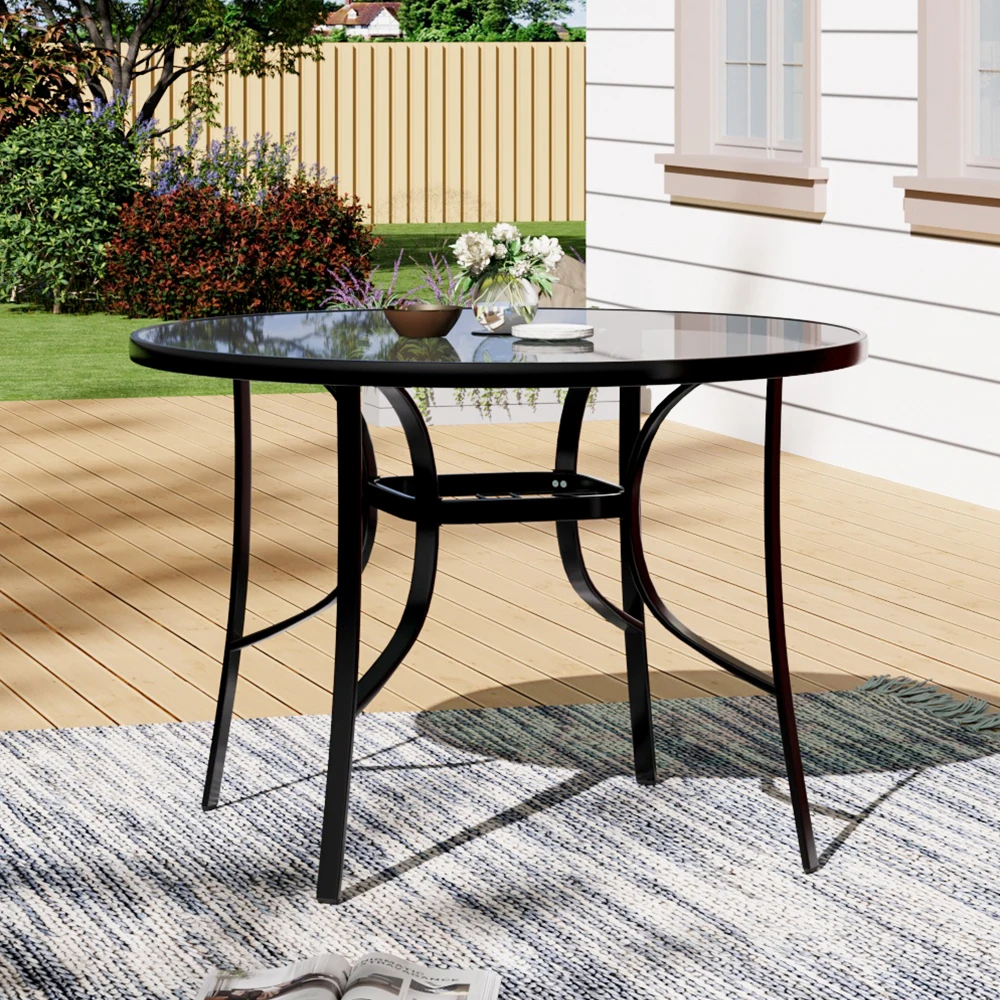 【Breeins】Outdoor Round Patio Table for Lawn Garden, All Weather Metal Black Round Patio Dining Table with Adjustable Umbrella