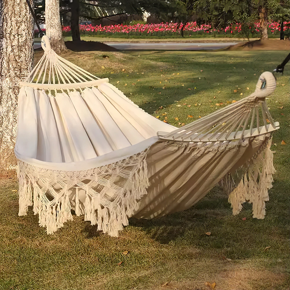 【Breeins】Tassel Hammock Outdoor Folding Camping Woven Canvas Swing Anti-rollover Portable Hanging Chair Yard Garden