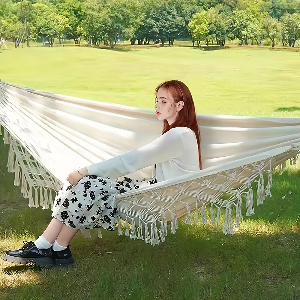 【Breeins】Tassel Hammock Outdoor Folding Camping Woven Canvas Swing Anti-rollover Portable Hanging Chair Yard Garden
