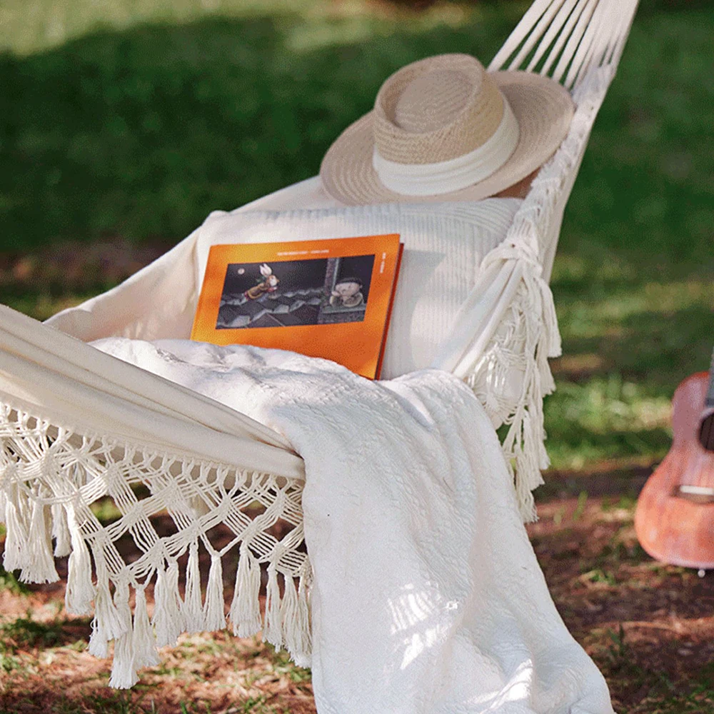 【Breeins】Tassel Hammock Outdoor Folding Camping Woven Canvas Swing Anti-rollover Portable Hanging Chair Yard Garden