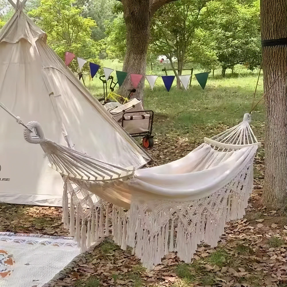 【Breeins】Tassel Hammock Outdoor Folding Camping Woven Canvas Swing Anti-rollover Portable Hanging Chair Yard Garden