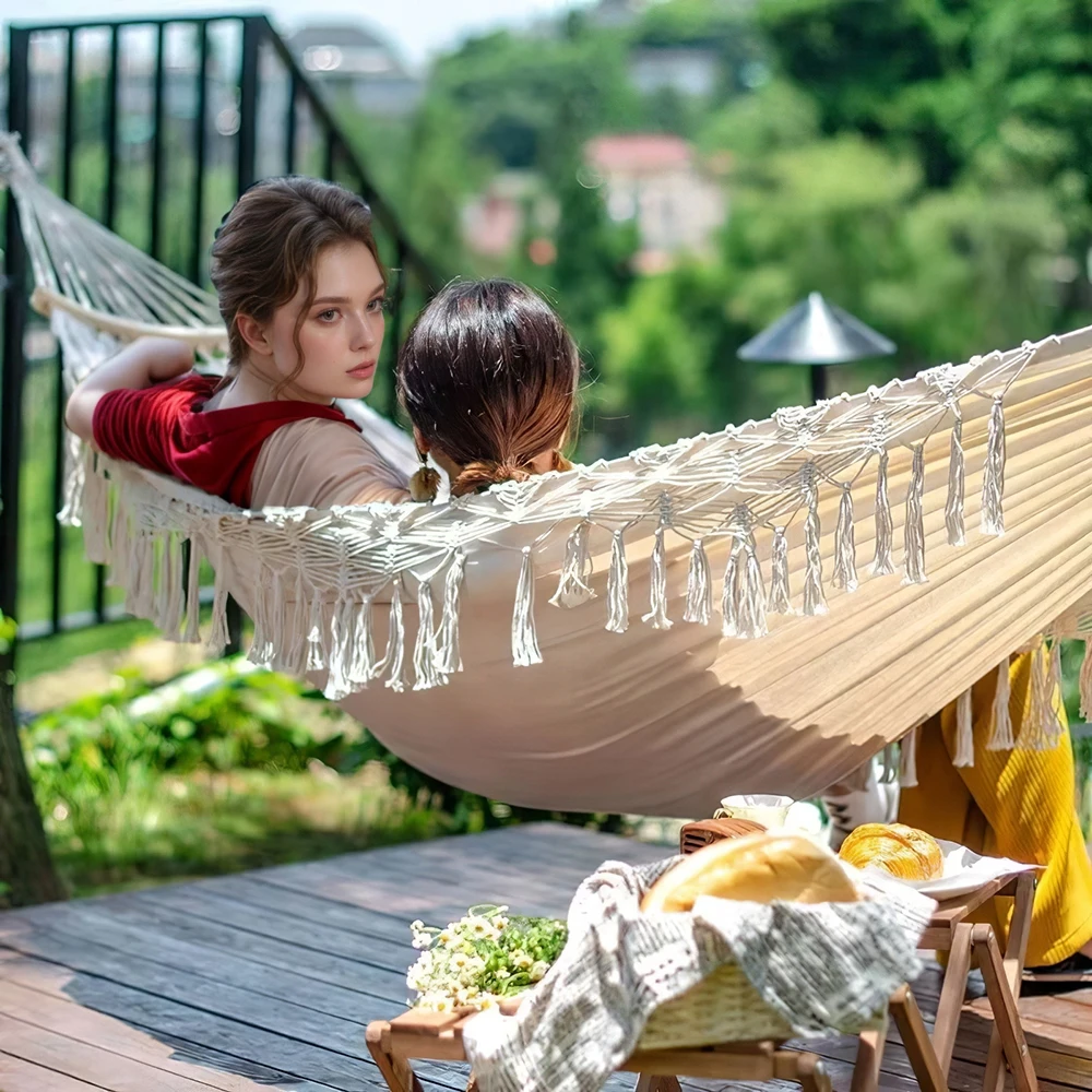 【Breeins】Tassel Hammock Outdoor Folding Camping Woven Canvas Swing Anti-rollover Portable Hanging Chair Yard Garden