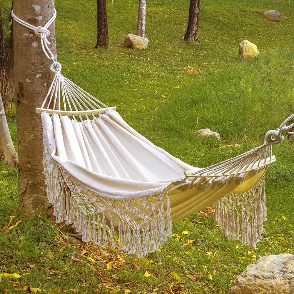 【Breeins】Tassel Hammock Outdoor Folding Camping Woven Canvas Swing Anti-rollover Portable Hanging Chair Yard Garden