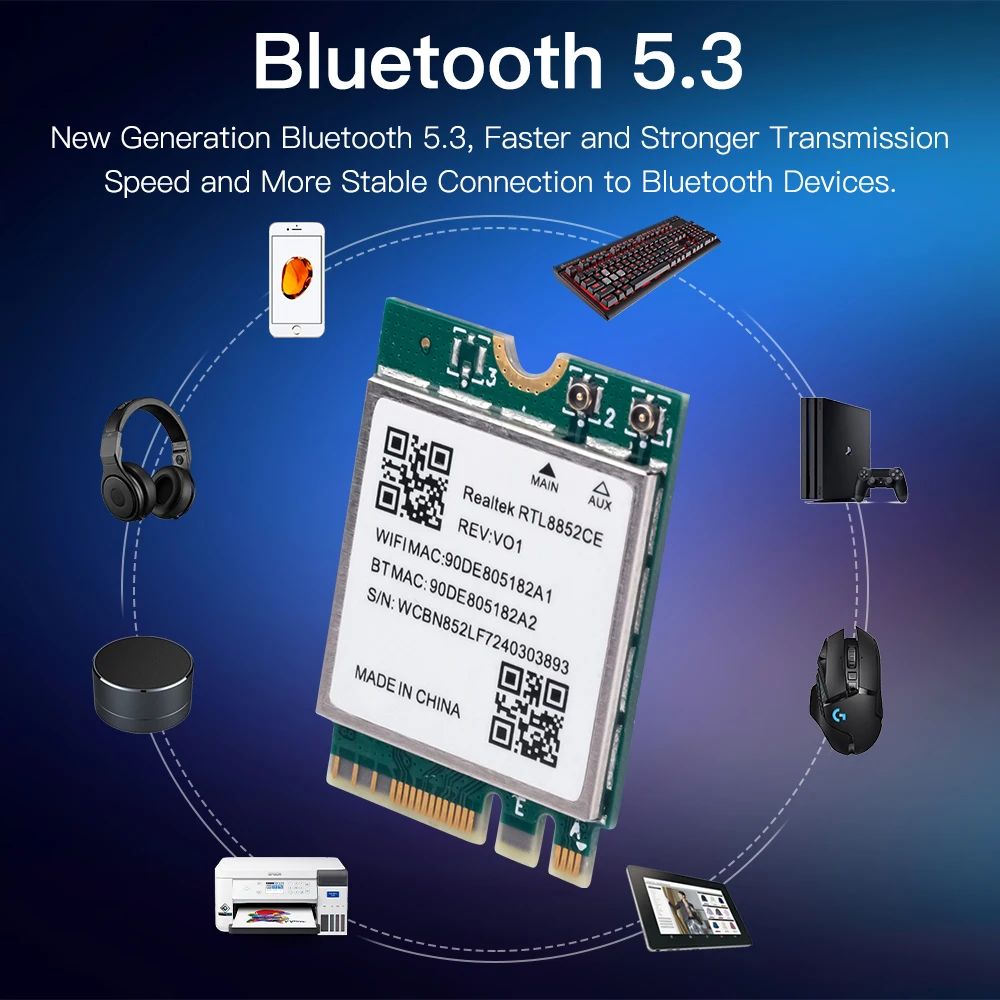 WiFi 6E RTL8852CE M.2 Network Card 5400Mbps 802.11AX Bluetooth 5.3 Wireless Adapter Tri Band 2.4/5/6GHz for Windows 10/11