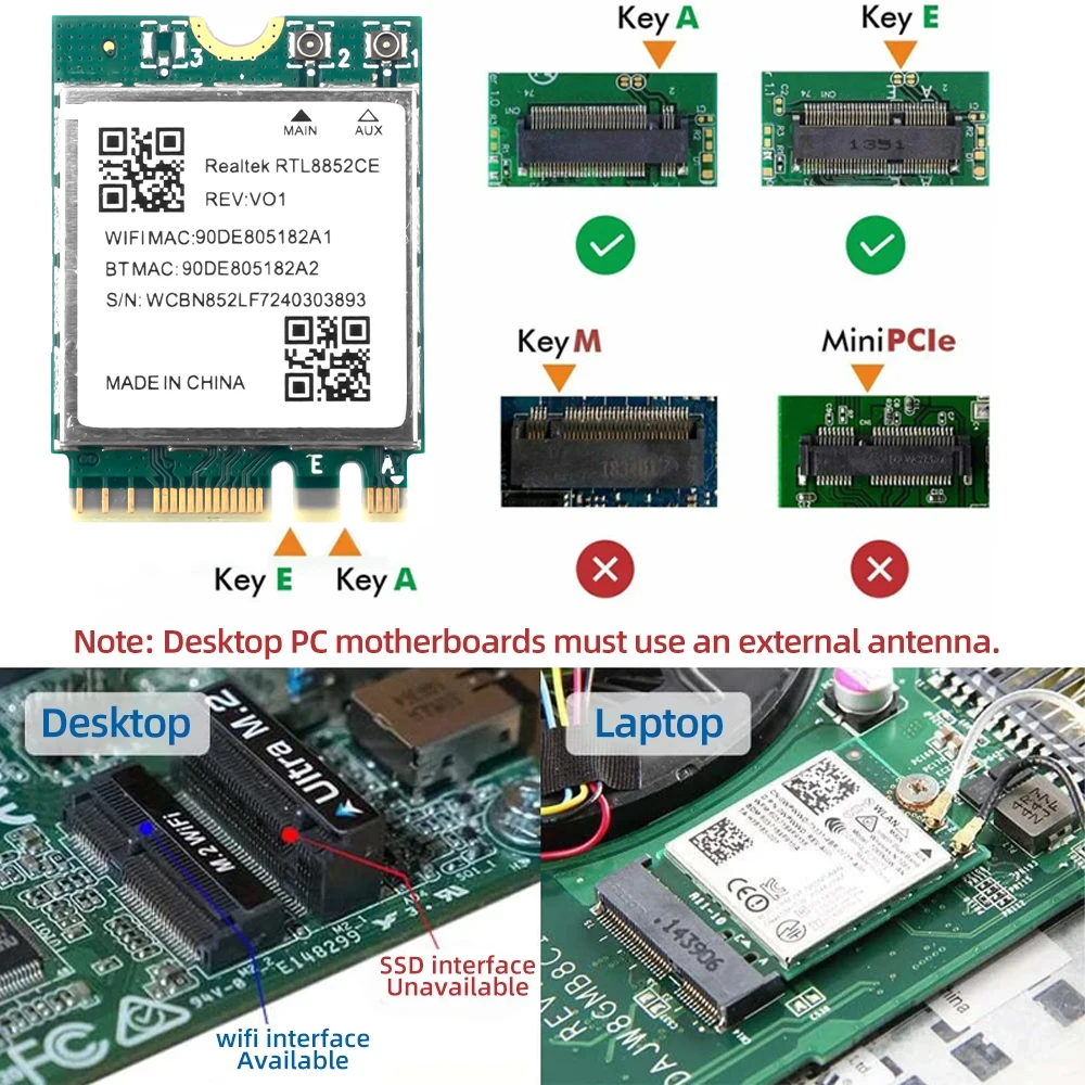 WiFi 6E RTL8852CE M.2 Network Card 5400Mbps 802.11AX Bluetooth 5.3 Wireless Adapter Tri Band 2.4/5/6GHz for Windows 10/11