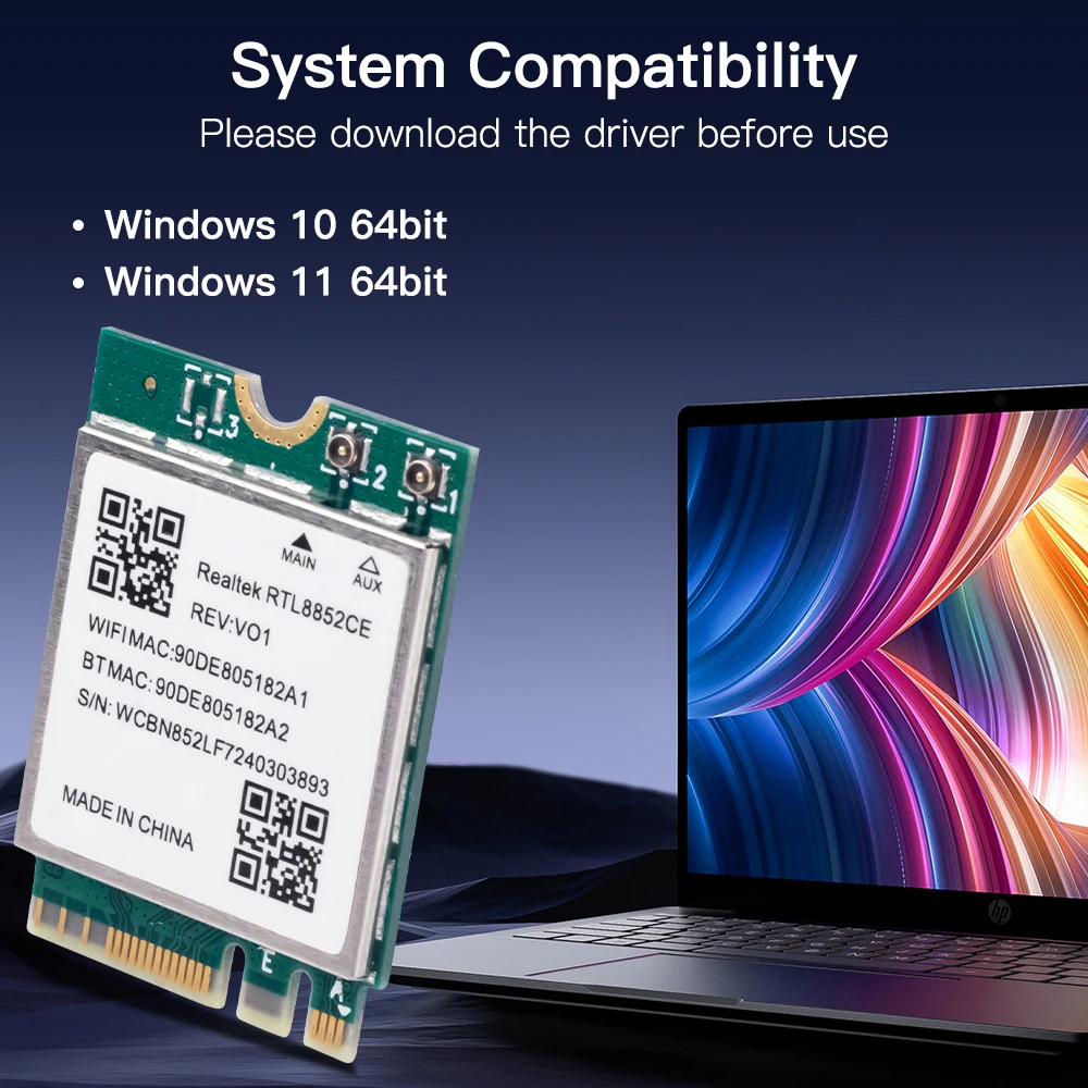 WiFi 6E RTL8852CE M.2 Network Card 5400Mbps 802.11AX Bluetooth 5.3 Wireless Adapter Tri Band 2.4/5/6GHz for Windows 10/11