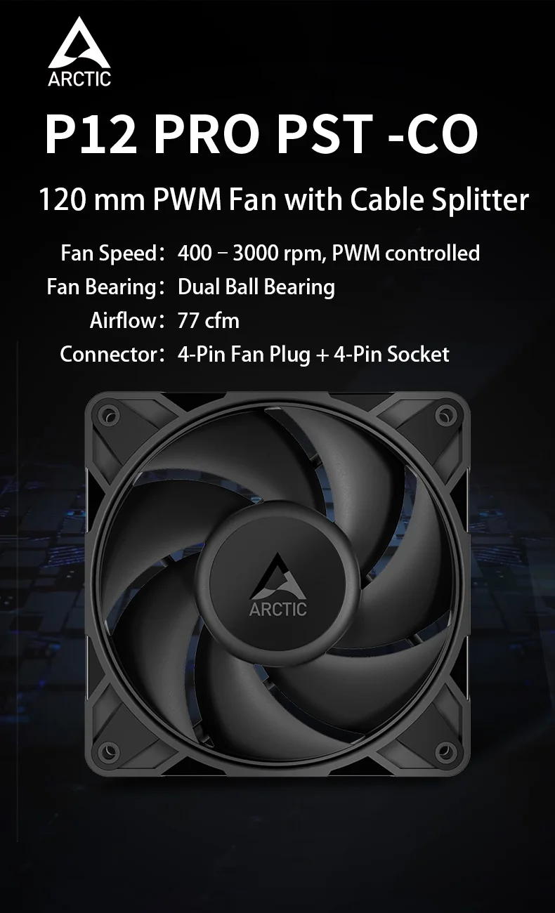 ARCTIC P12 Pro PST CO 120mm Case Fan, PWM Sharing Technology (PST), Dual Ball Bearing for Continuous Operation, 400–3000 rpm