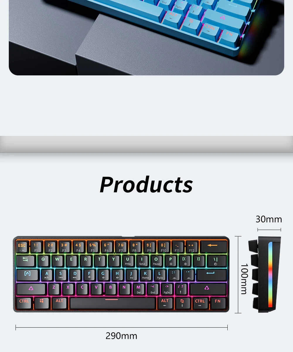 MUCAI MK61 USB Gaming Esports Mechanical Keyboard 61 Key Red Axis Wired Detachable Cable RGB Backlight Hot Swap