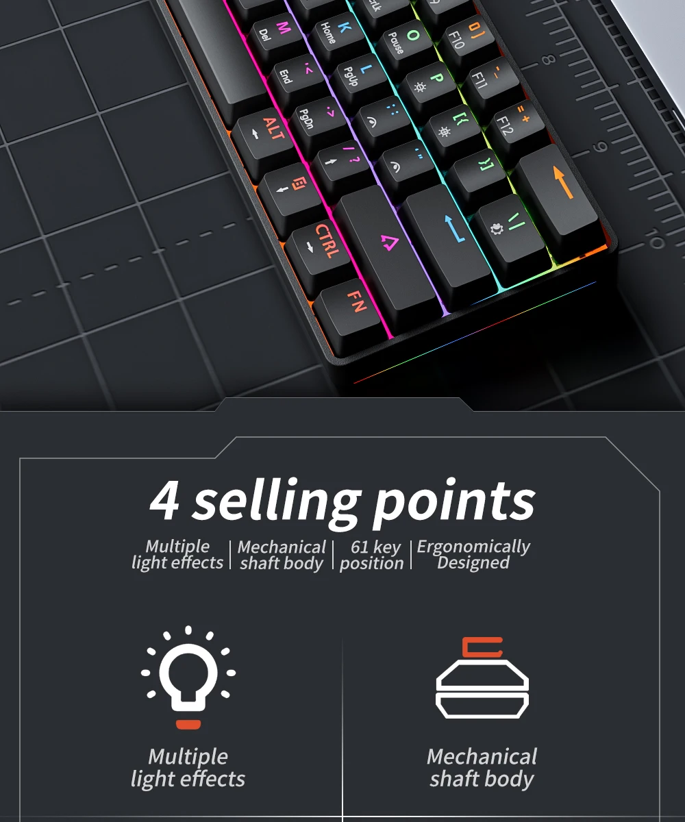 MUCAI MK61 USB Gaming Esports Mechanical Keyboard 61 Key Red Axis Wired Detachable Cable RGB Backlight Hot Swap