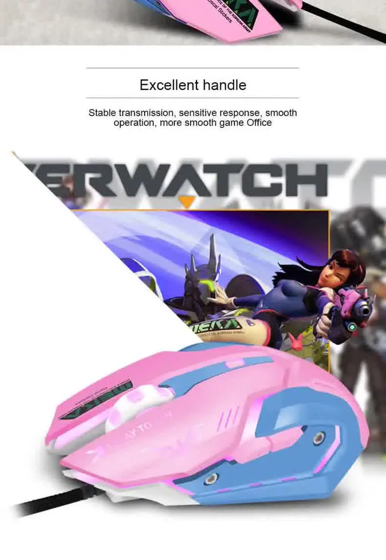 OW DVA Pink Game Office Mouse Girls Light-emitting Competition Chicken Cute Wired Mouse for PC Laptop CF Overwatch