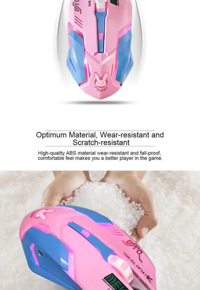 OW DVA Pink Game Office Mouse Girls Light-emitting Competition Chicken Cute Wired Mouse for PC Laptop CF Overwatch
