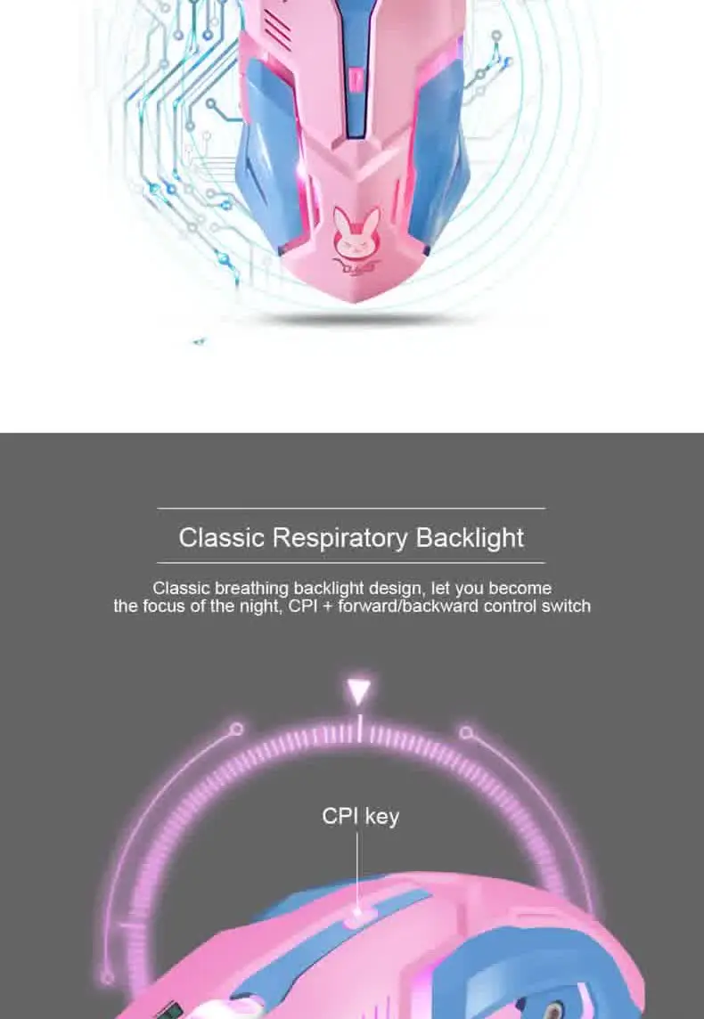 OW DVA Pink Game Office Mouse Girls Light-emitting Competition Chicken Cute Wired Mouse for PC Laptop CF Overwatch