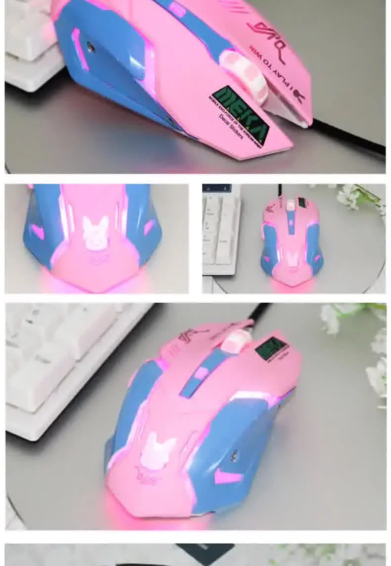 OW DVA Pink Game Office Mouse Girls Light-emitting Competition Chicken Cute Wired Mouse for PC Laptop CF Overwatch