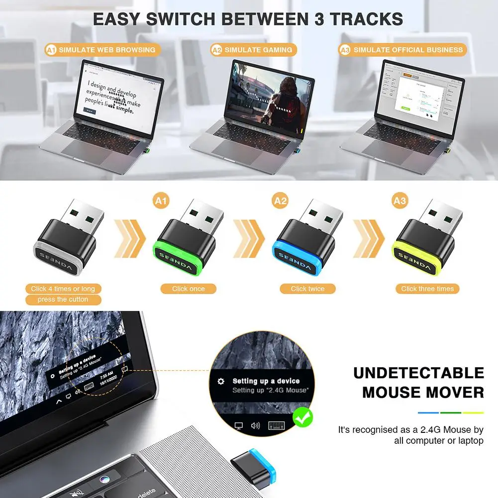 Seenda Mouse Jiggler USB Driver-Free Shaker Mechanical Undetectable Mouse Mover Simulator Smart Keeps Computer/PC/Laptop Awake