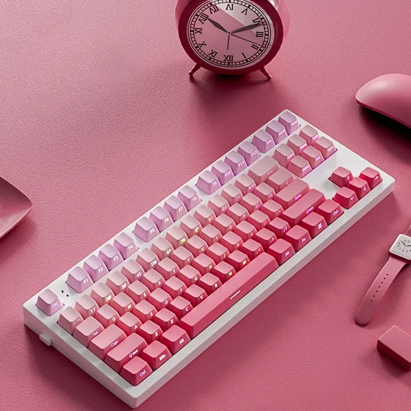 133 Keys Double Shot Shine Through Keycaps Strawberry Pink Side Print PBT Keycaps Cherry Profile for MX Switches Gaming Keyboard