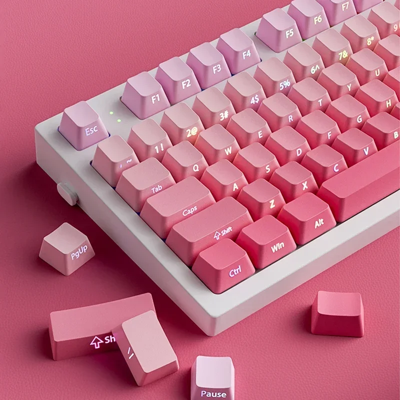 133 Keys Double Shot Shine Through Keycaps Strawberry Pink Side Print PBT Keycaps Cherry Profile for MX Switches Gaming Keyboard