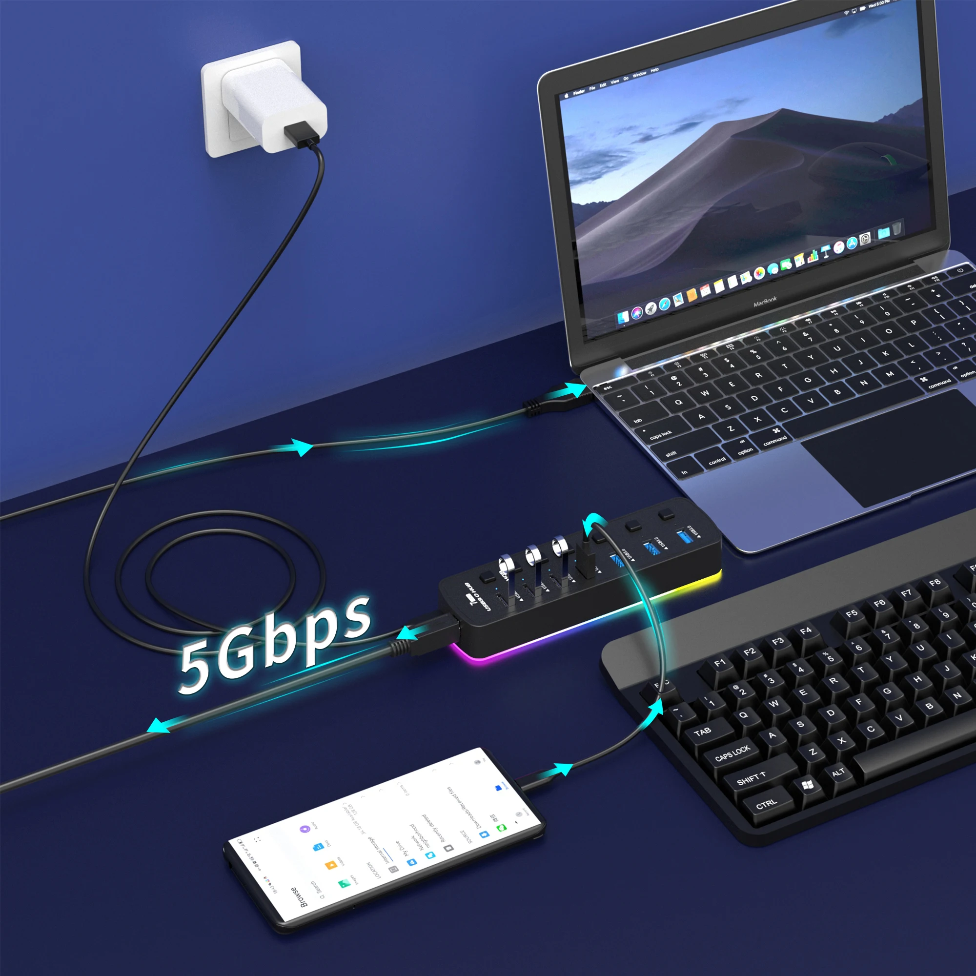 RGB USB 3.0 Hub 7 Ports Data Port Adapter 5Gbps Individual On/Off Switch Splitter Gaming USB Hub For Laptop PC Computer Accessor