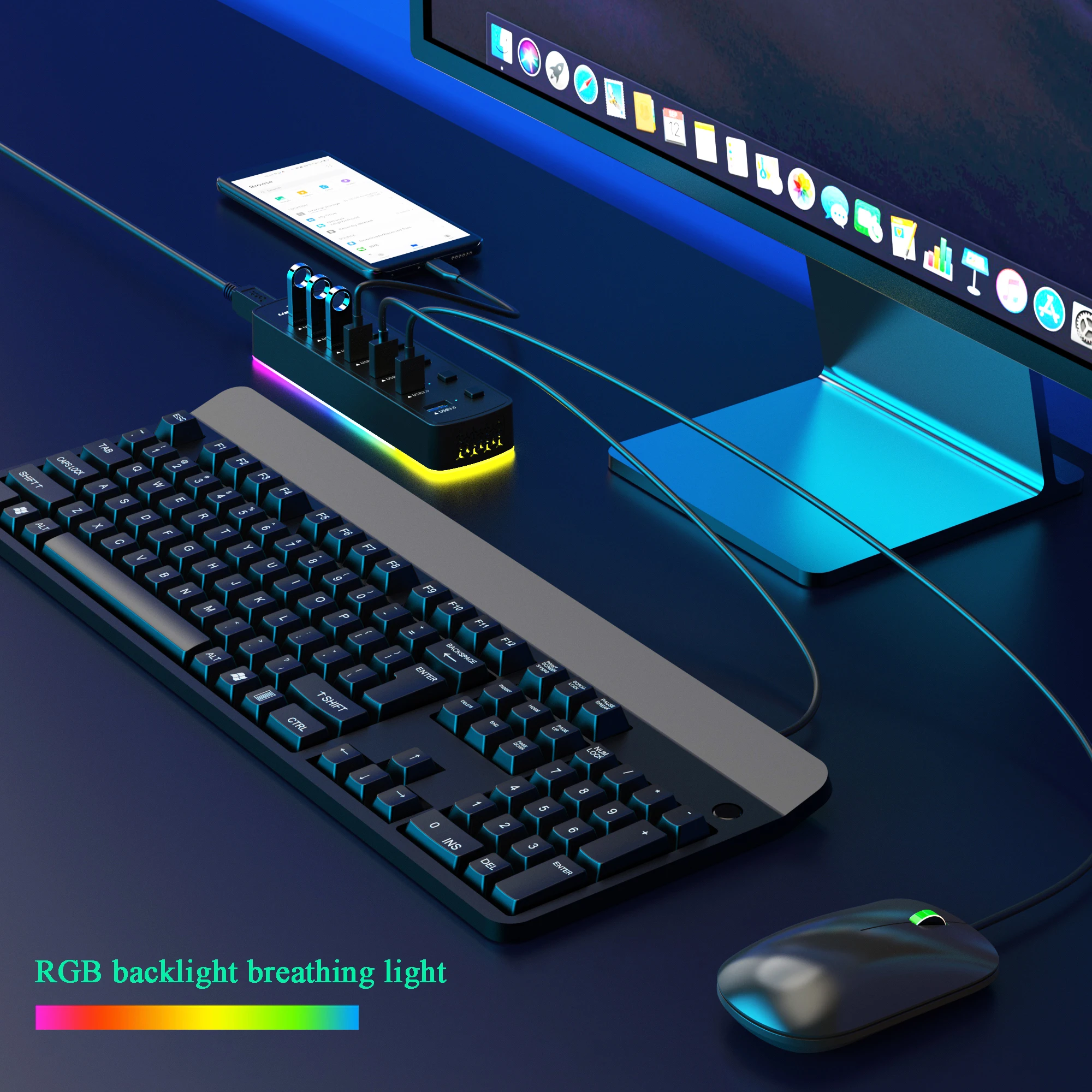 RGB USB 3.0 Hub 7 Ports Data Port Adapter 5Gbps Individual On/Off Switch Splitter Gaming USB Hub For Laptop PC Computer Accessor