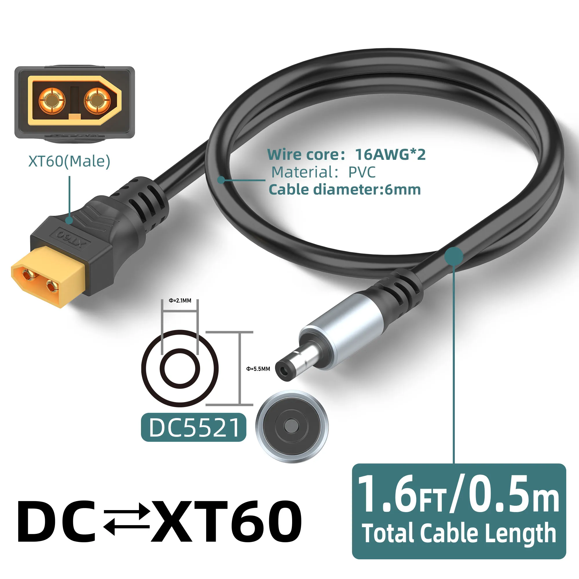 16AWG XT60 Female To DC5521 Male Power Cable Adapter for Solar Power Station and Laptops