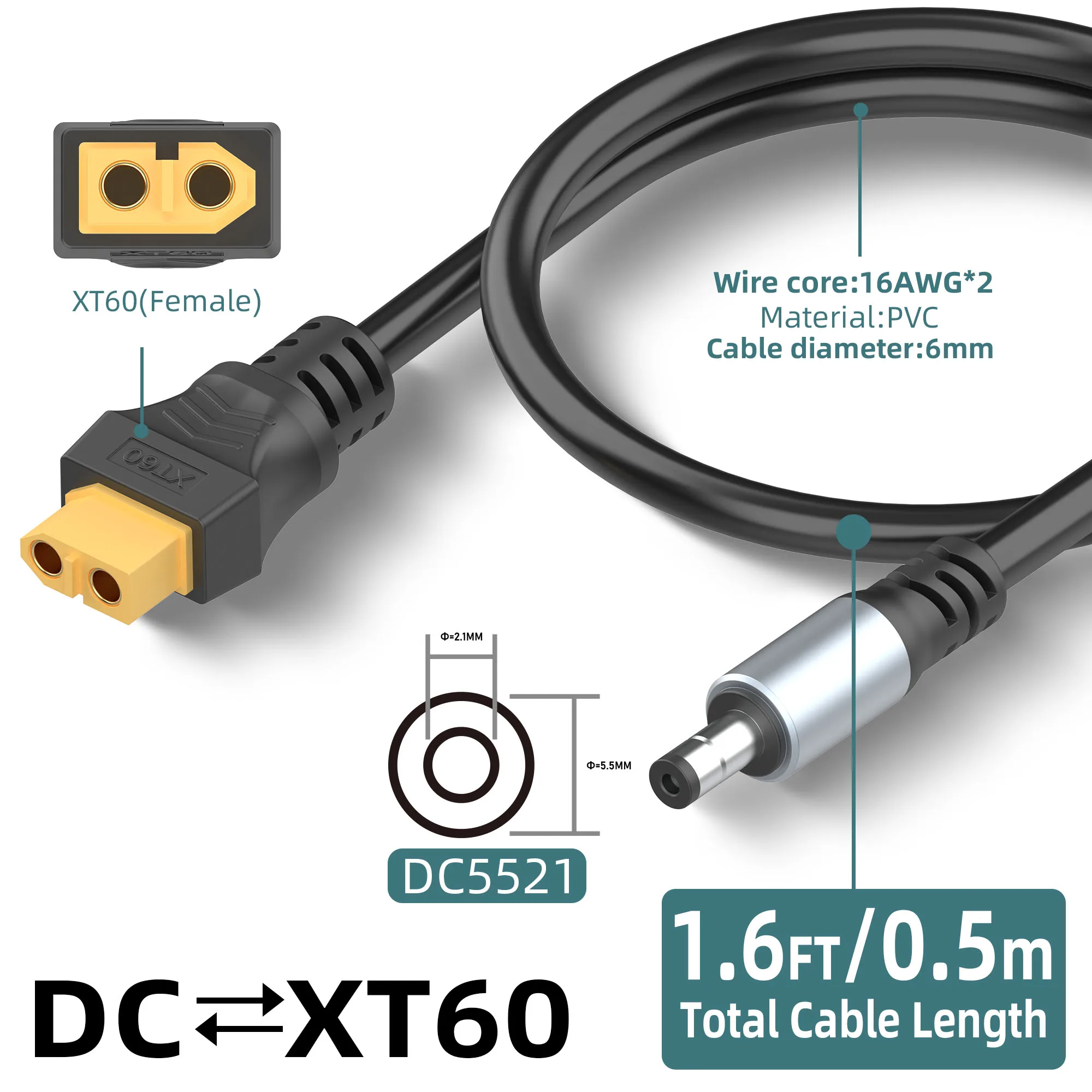 16AWG XT60 Female To DC5521 Male Power Cable Adapter for Solar Power Station and Laptops