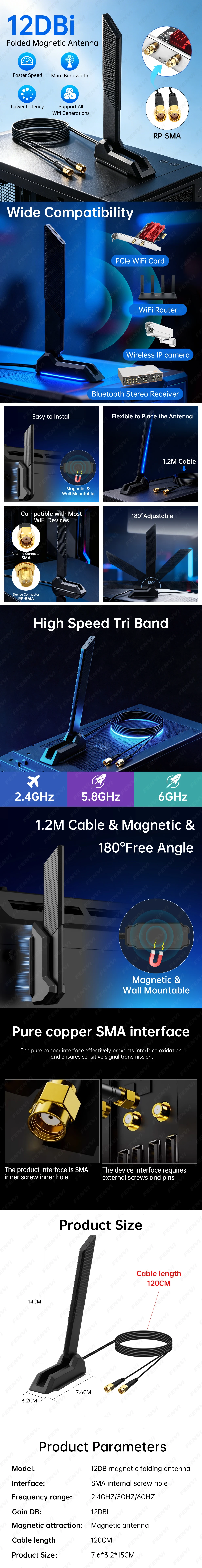 WiFi 6E 6Ghz Antenna Magnetic Foldable 2.4G/5G 12DBi High Gain External Signal Receiver Antenna For Network Card Wireless Router