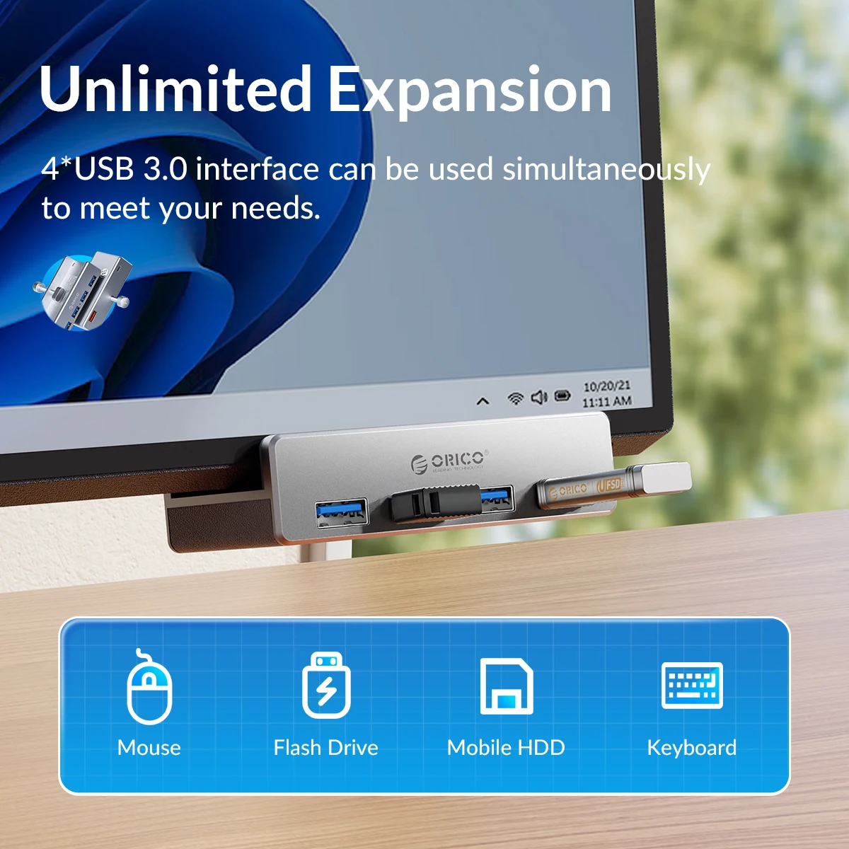 ORICO MH4PU 5GBPS Data Transmission Hub Aluminum 4 Ports USB 3.0 Clip HUB with Power Supply High Speed for MAC OS PC