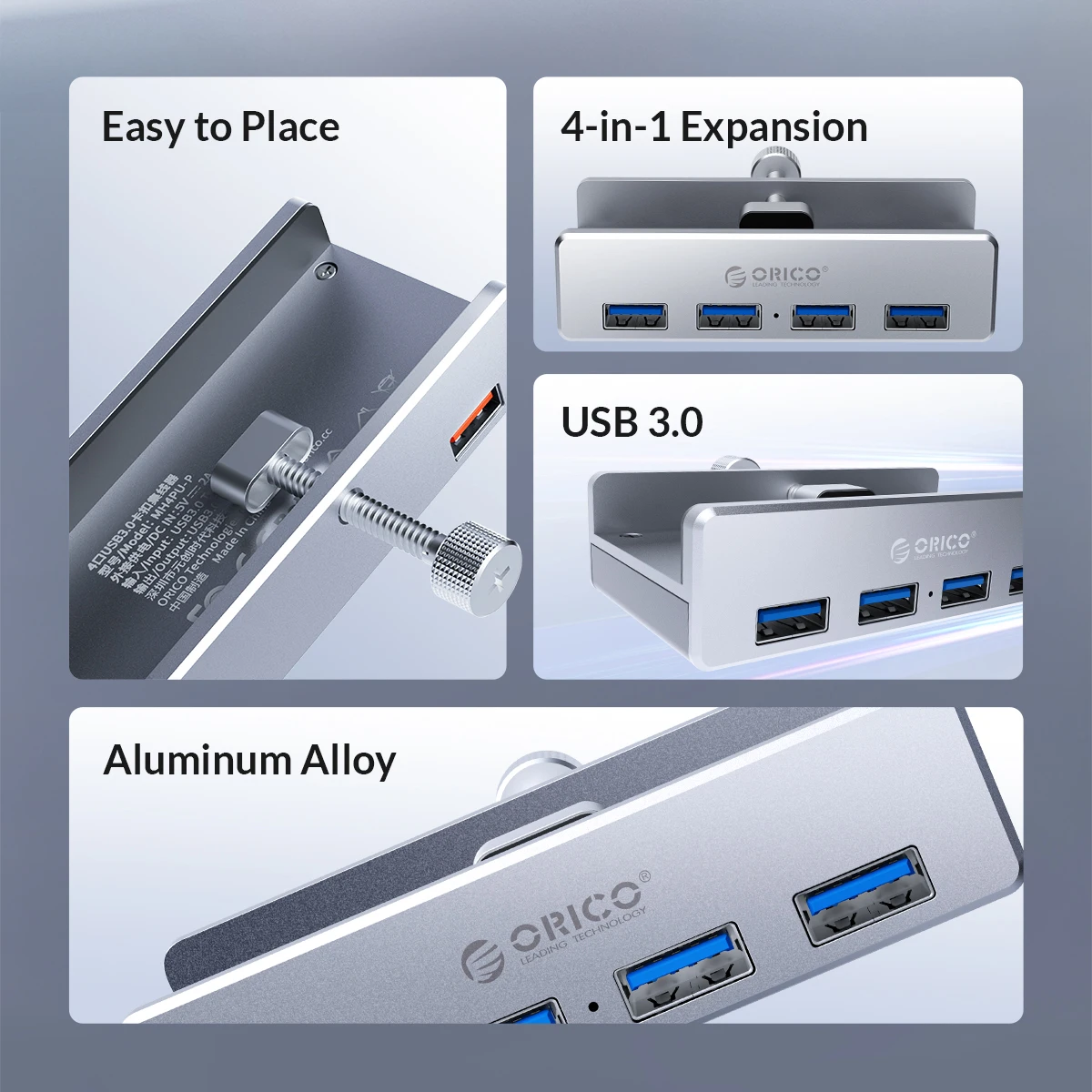 ORICO MH4PU 5GBPS Data Transmission Hub Aluminum 4 Ports USB 3.0 Clip HUB with Power Supply High Speed for MAC OS PC
