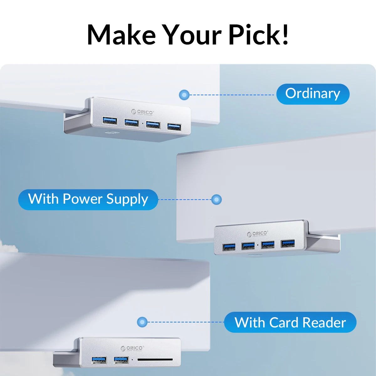 ORICO MH4PU 5GBPS Data Transmission Hub Aluminum 4 Ports USB 3.0 Clip HUB with Power Supply High Speed for MAC OS PC