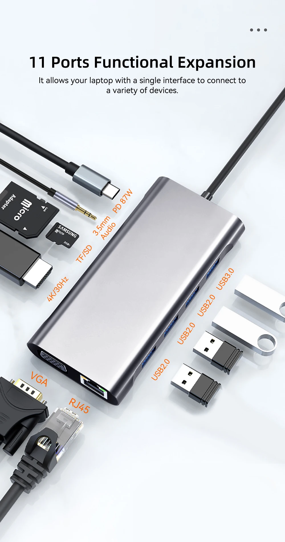 11-in-1 Type-C Docking Station USB 3.0 HUB USB C Splitter Type C to 4K HDMI VGA PD RJ45 100M Network Adapter for Laptop Macbook