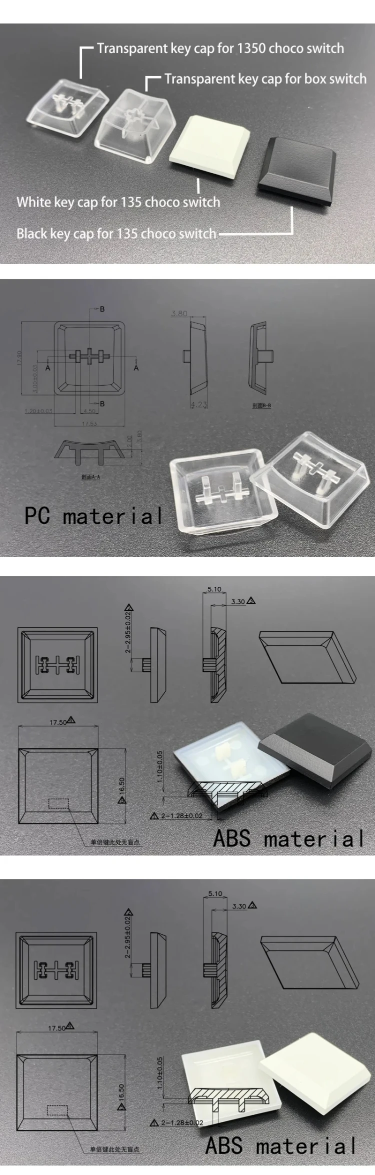 10/30/50PCS Kailh Choc Low Profile Keycaps for Kailh 1350 Choc Switches Mechanical Keyboard Ultra Thin Black White Transparent