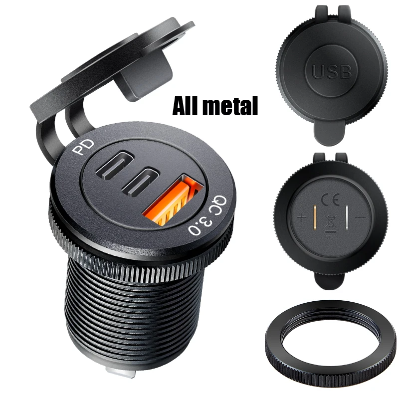 USB Socket in the Car Quick Charge PD 3.0 Car Charger 60W Outlet Socket for 12V 24V Motorcycle Boat Marine Truck ATV
