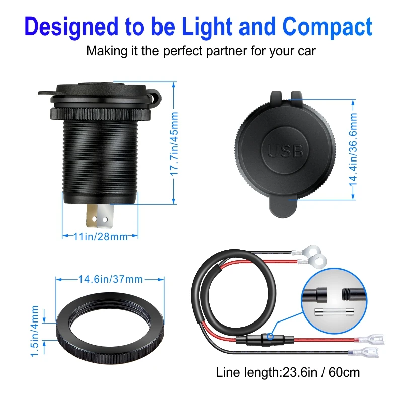 USB Socket in the Car Quick Charge PD 3.0 Car Charger 60W Outlet Socket for 12V 24V Motorcycle Boat Marine Truck ATV