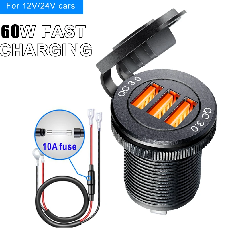 USB Socket in the Car Quick Charge PD 3.0 Car Charger 60W Outlet Socket for 12V 24V Motorcycle Boat Marine Truck ATV