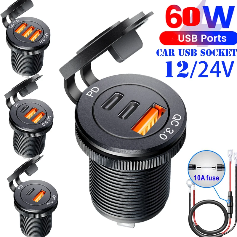 USB Socket in the Car Quick Charge PD 3.0 Car Charger 60W Outlet Socket for 12V 24V Motorcycle Boat Marine Truck ATV