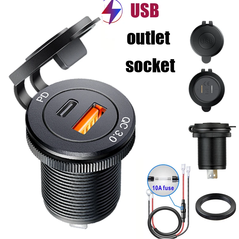 USB Socket in the Car Quick Charge PD 3.0 Car Charger 60W Outlet Socket for 12V 24V Motorcycle Boat Marine Truck ATV
