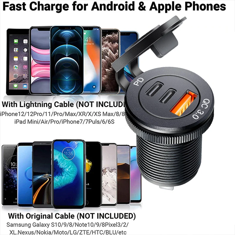 USB Socket in the Car Quick Charge PD 3.0 Car Charger 60W Outlet Socket for 12V 24V Motorcycle Boat Marine Truck ATV