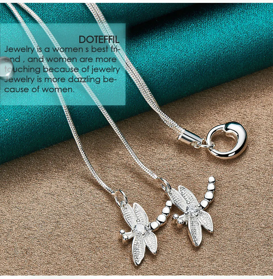 DOTEFFIL 925 Sterling Silver Two Dragonfly Pendant Necklace For Women Snake Chain Necklace Wedding Engagement Jewelry
