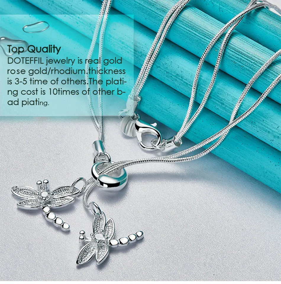 DOTEFFIL 925 Sterling Silver Two Dragonfly Pendant Necklace For Women Snake Chain Necklace Wedding Engagement Jewelry