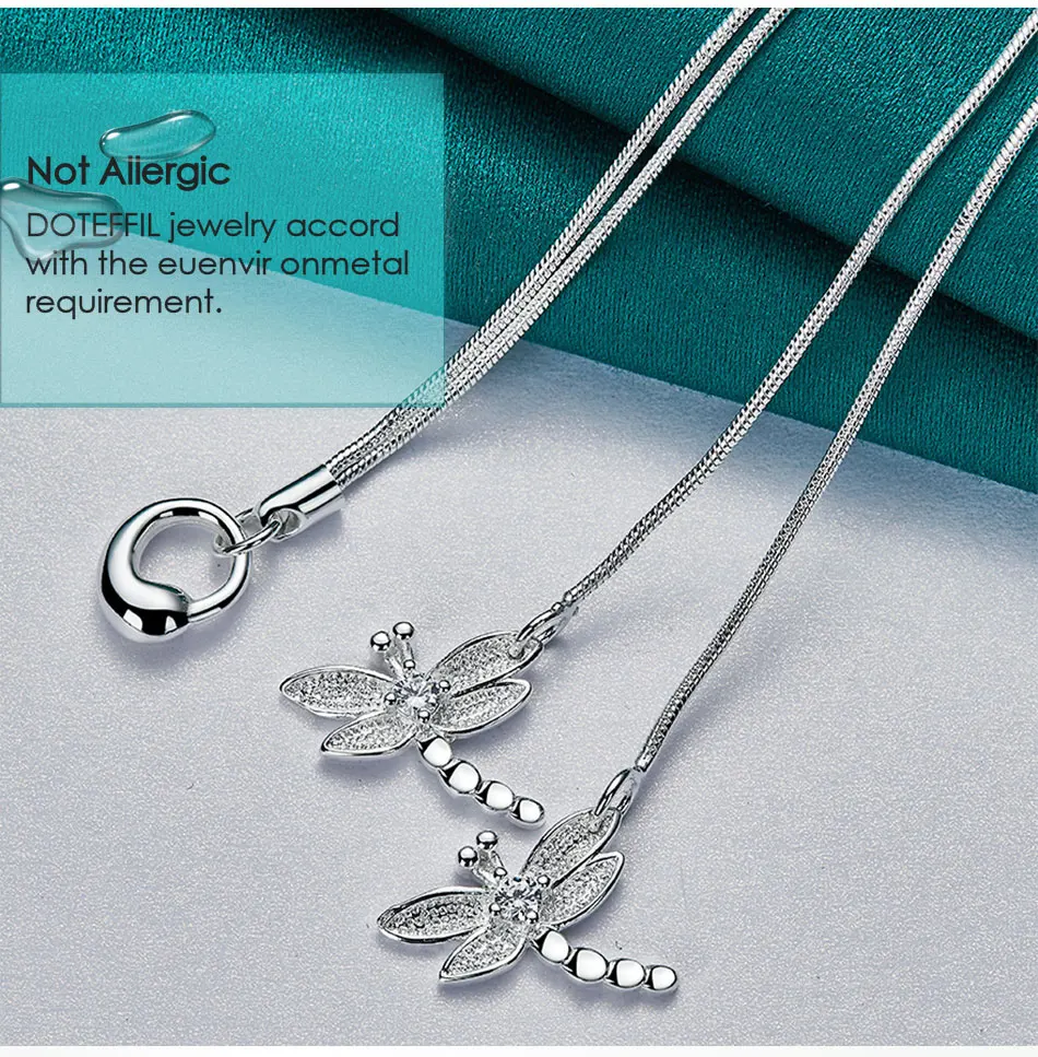 DOTEFFIL 925 Sterling Silver Two Dragonfly Pendant Necklace For Women Snake Chain Necklace Wedding Engagement Jewelry