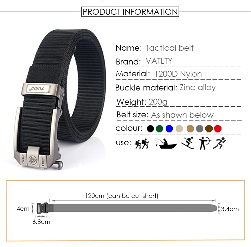 VATLTY Automatic Buckle Belt for Men 34mm Real Nylon Military Tactical Belt Non Slip Hiking Hunting Belt Male Envio Gratis