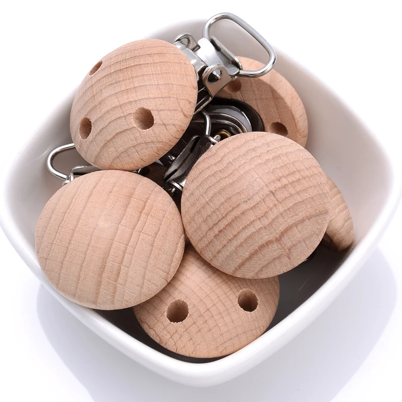 10Pcs Natural Beech Wooden Pacifier Chain Dummy Holder Clips 30mm Round Wood Pacifier Clip Food Grade Baby Teether Chew Toys