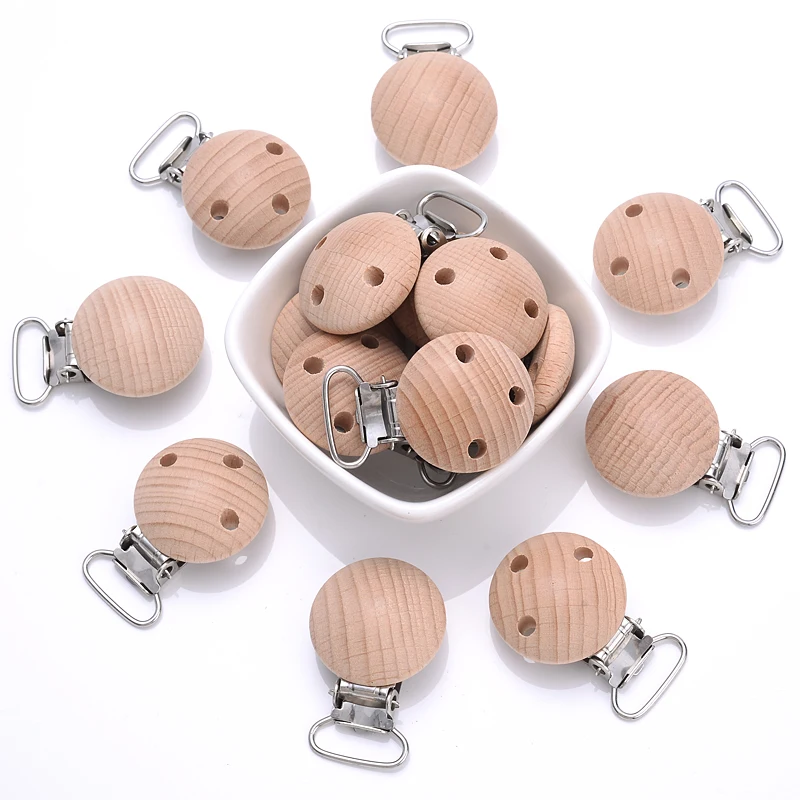 10Pcs Natural Beech Wooden Pacifier Chain Dummy Holder Clips 30mm Round Wood Pacifier Clip Food Grade Baby Teether Chew Toys