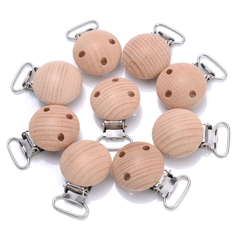 10Pcs Natural Beech Wooden Pacifier Chain Dummy Holder Clips 30mm Round Wood Pacifier Clip Food Grade Baby Teether Chew Toys