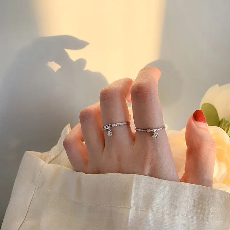New Fashion Chain Rose Flowers Pendant Rings for Women Personality Zircon Opening Ring Anniversary Romance Jewelry