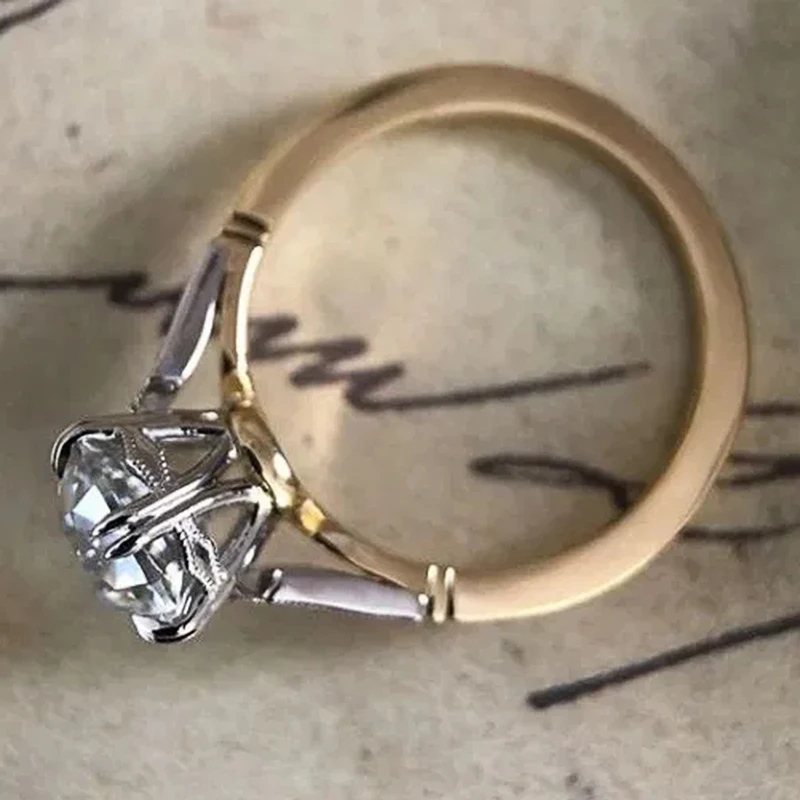 Huitan Understated Round Cubic Zirconia Rings for Women Wedding Engagement Ring Elegant Accessories New Trendy Two Tone Jewelry