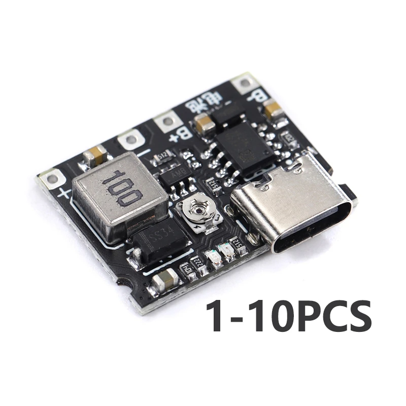 1-10PCS Lithium Li-ion 18650 3.7V 4.2V Battery Charger Board DC-DC Step Up Boost Module USB Type-C TP4056 Fast Charge Module